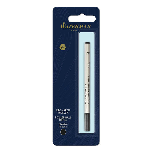 A packaged Waterman rollerball refill pen with black ink, labeled 'Fine', in a clear plastic blister pack with blue and gold accents on a dark card.